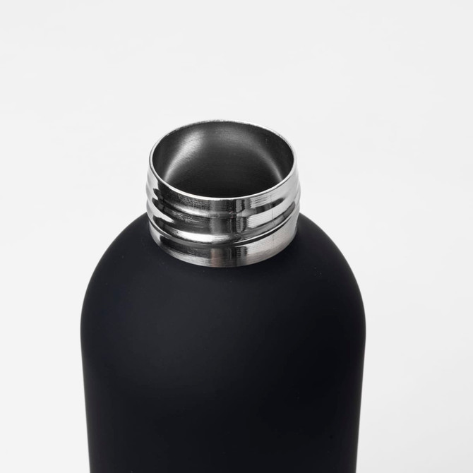 A drink bottle with a matte black finish and a silver metal screw-top lid. It features a logo.