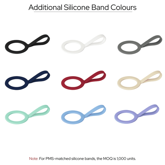 A selection of silicone bands in nine colours: black, white, grey, red, cream, mint, light blue, lavender, and teal.