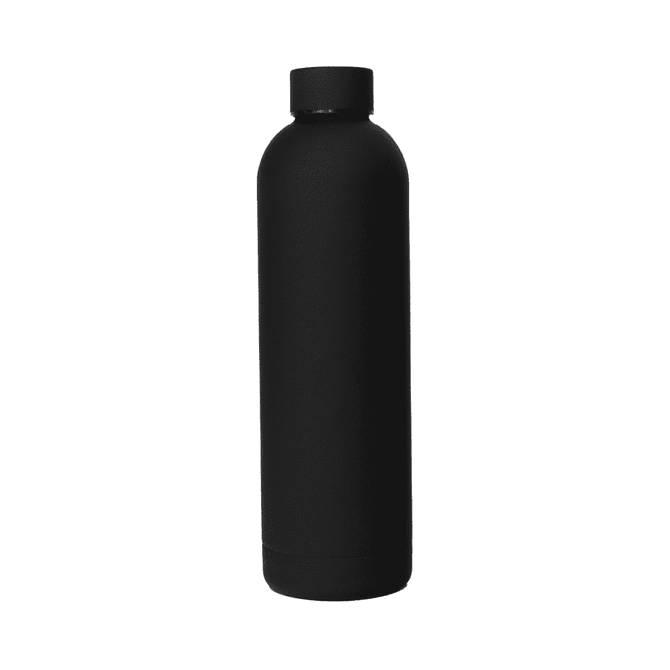 A drink bottle in matte black finish, featuring a sleek, double-walled design and a solid cap, with a logo.