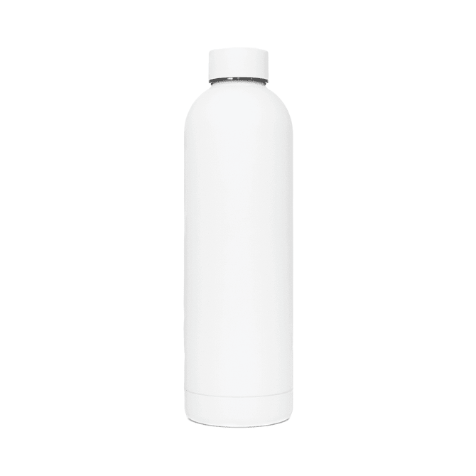 A drink bottle in white, featuring a double wall design and a lid. It has a logo on its surface.