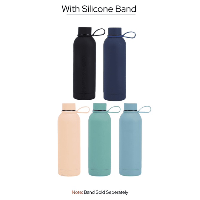 A drink bottle featuring a double wall design, available in black, navy, peach, and teal, with a silicone band.