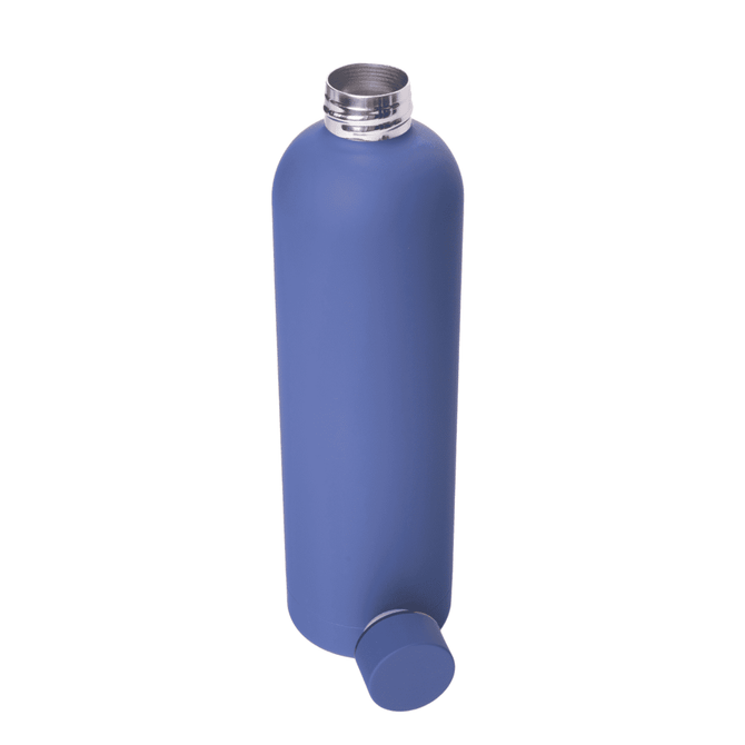 A drink bottle with a matte blue finish, featuring a silver screw lid and a rounded bottom. It includes a logo.