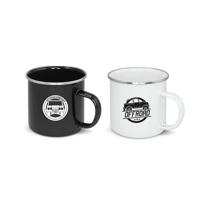 A drinking mug set featuring a black and a white enamel camping mug, both with logos.