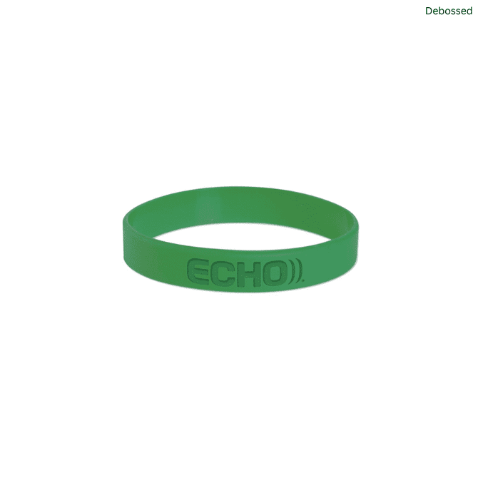 A green silicone wristband featuring a debossed logo.