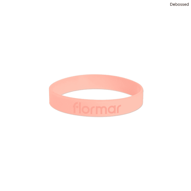 A pink silicone wristband featuring a logo, smooth surface, and a debossed design.