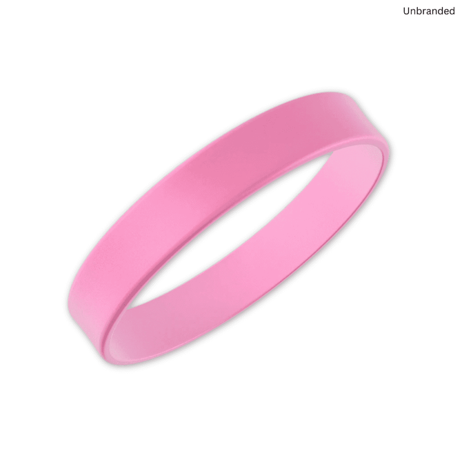 A pink silicone wristband with a smooth finish, featuring an unbranded design.