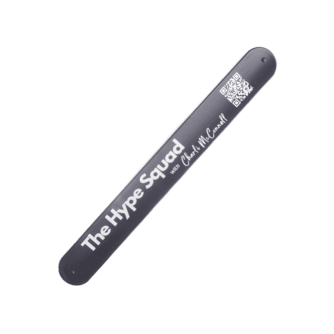 A black silicone slap-band featuring a logo and QR code, designed for promotional use.