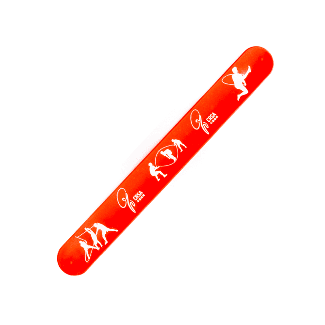 A red silicone slap-band featuring white figures in dynamic poses. It includes a logo.