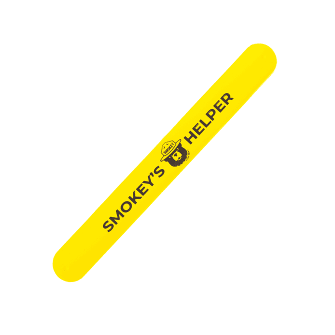 A yellow silicone slap-band with a logo and text printed on it.