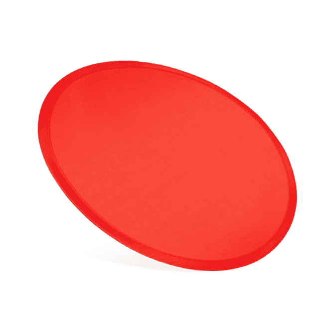 A red nylon foldable flyer with a solid round shape, featuring a branding logo. Ideal for outdoor fun and games.