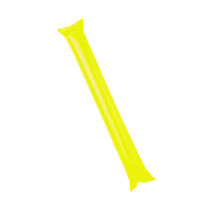 A bright yellow inflatable cheering stick, featuring a logo. Suitable for fun and games, especially at events.