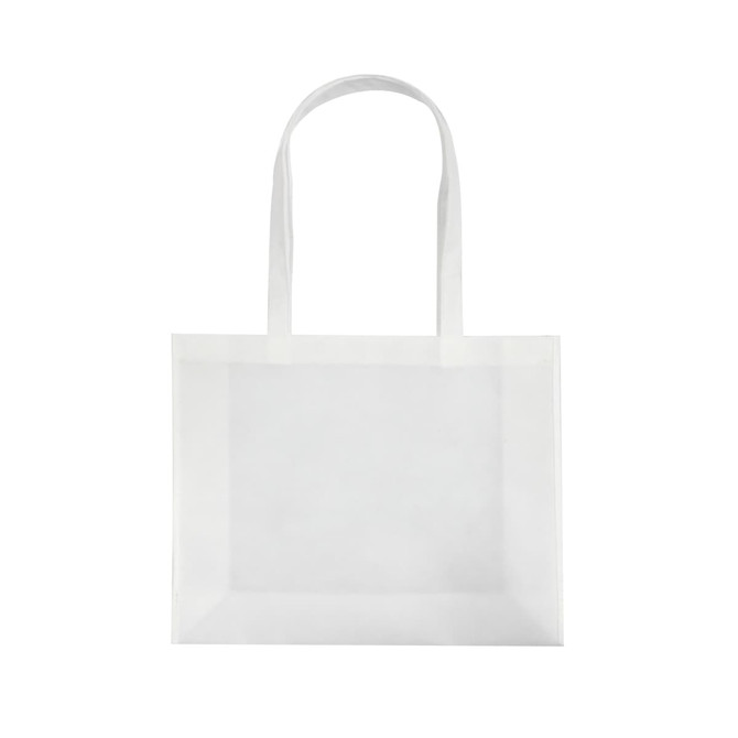 A white tote bag with two shoulder straps and a spacious, transparent body. It has a logo printed on it.