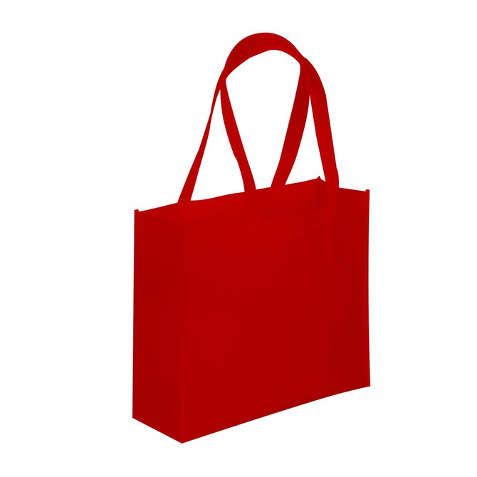 A red tote bag with two handles and a plain design. The bag has a logo on one side.