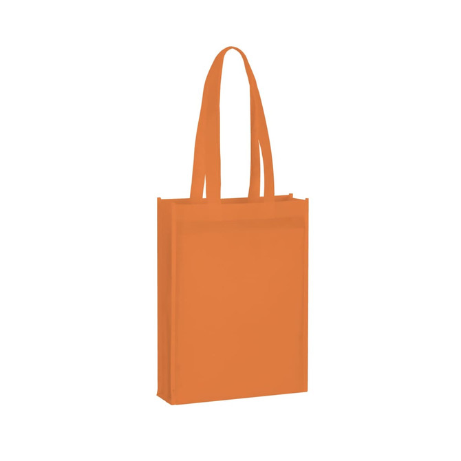 An orange non-woven tote bag with long handles and a simple design, featuring a logo on the front.