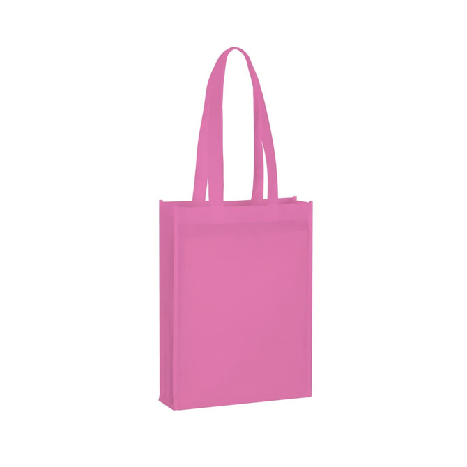 A pink non-woven tote bag with two handles and a simple design, featuring a logo.