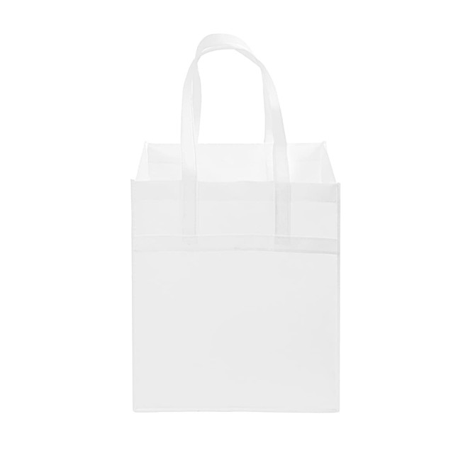 A large white non-woven shopping bag with two handles and a spacious interior. It features a logo on one side.