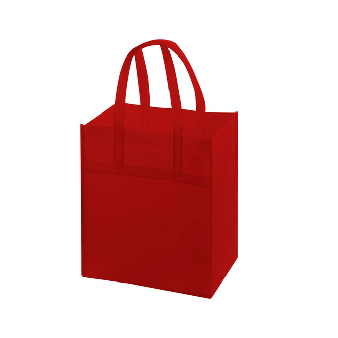 A red reusable shopping bag with two handles and an attached pocket, featuring a logo on the side.