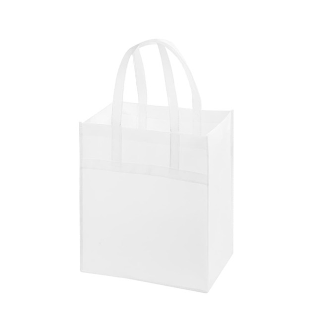 A large white non-woven shopping bag with two handles and a simple design, featuring a logo.