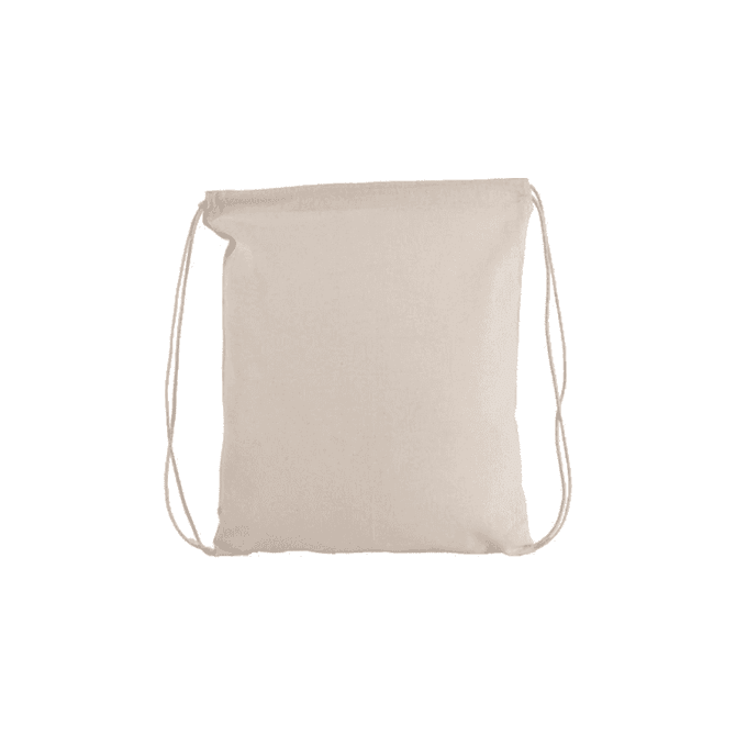 A light beige drawstring tote bag with a simple design and a logo, featuring adjustable cords.