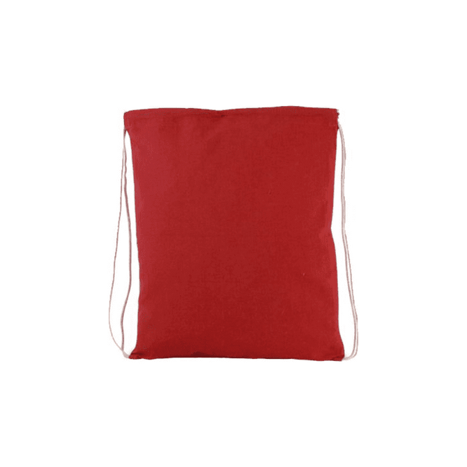 A red drawstring tote bag made of fabric, featuring a simple design and a logo.
