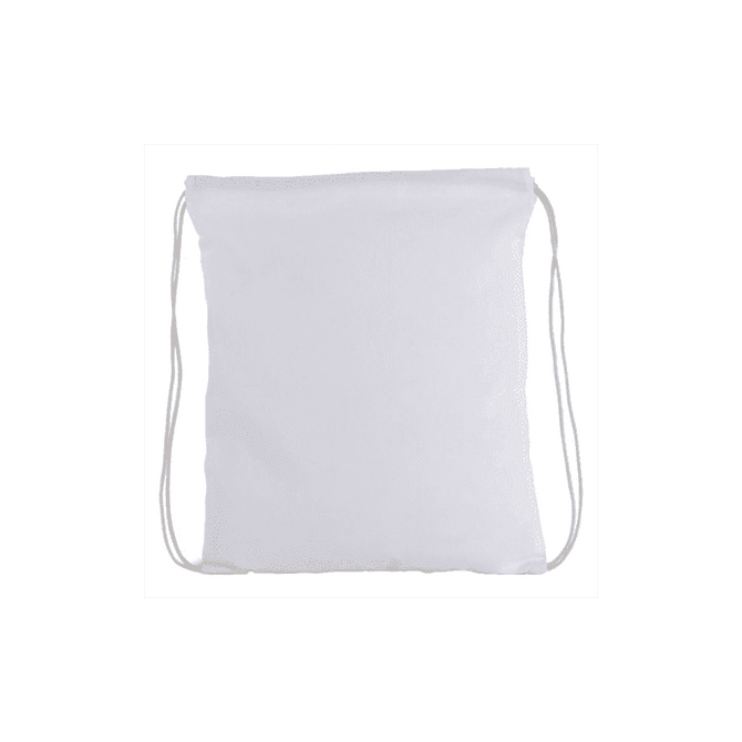 A plain white drawstring tote bag with reinforced cord straps and minimalistic design. It features a logo.