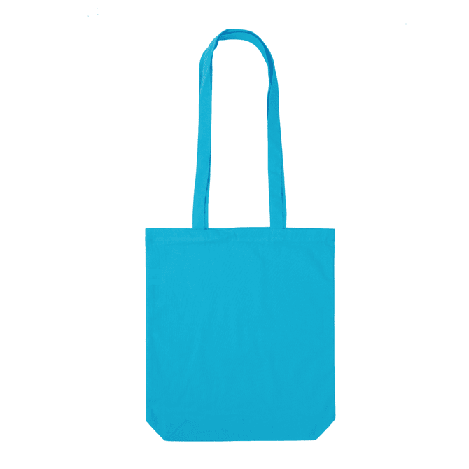 A turquoise reusable cotton bag with long handles and a simple design, featuring a logo.