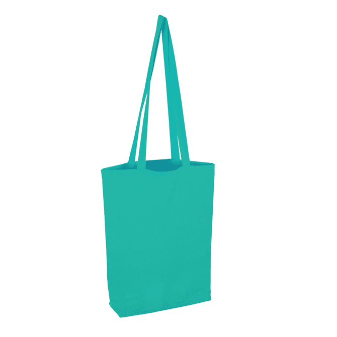 A turquoise reusable grocery bag with long handles, featuring a simple design and no visible branding.