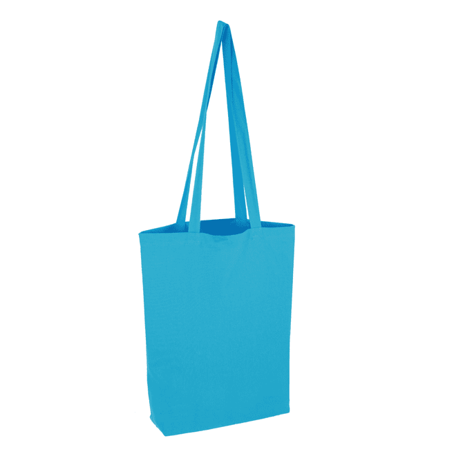 A blue reusable cotton bag with long handles and a simple design. Features a logo.