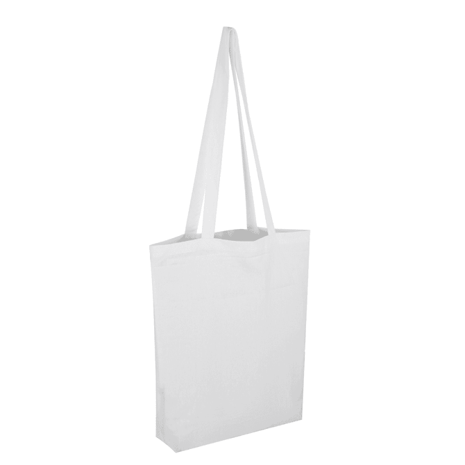 A white long handle cotton bag with two handles and no visible branding.