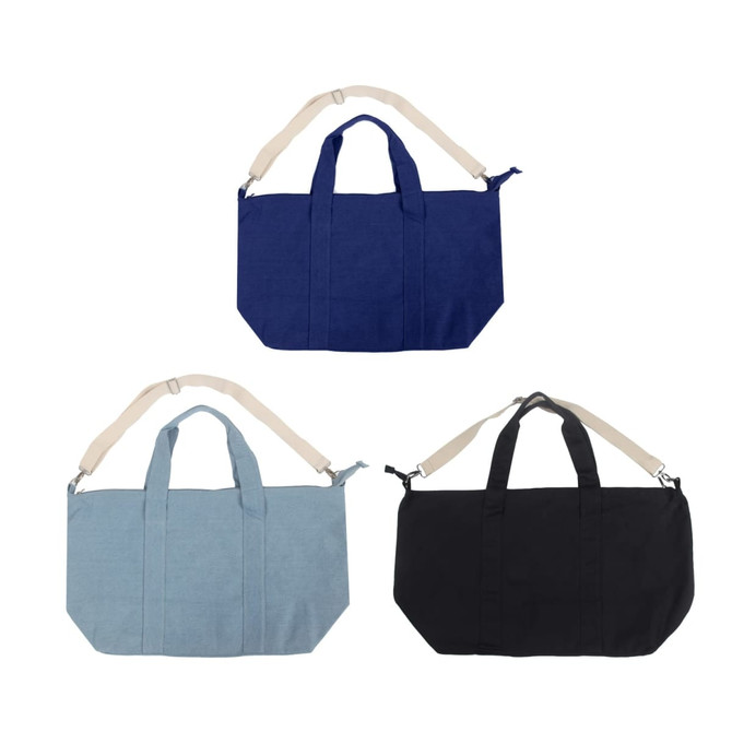 A Brighton Duffle Bag featuring three colour options: navy blue, light blue, and black, with a branded logo.