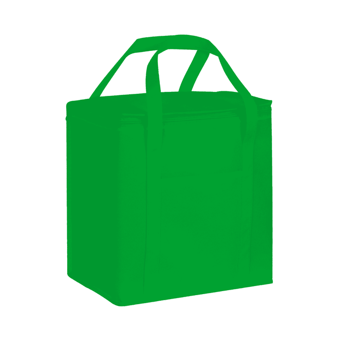 A green non-woven cooler bag with a flat top and two handles, featuring a simple design and a logo.