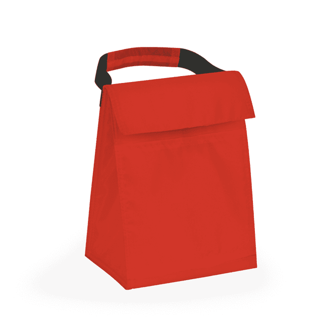 A red cooler bag with a black grip handle, featuring a simple rectangular design and a fold-over top.