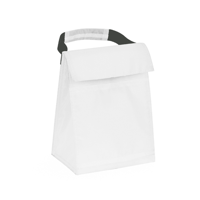 A white cooler bag with a black grip handle, featuring a fold-over flap and a sleek design.