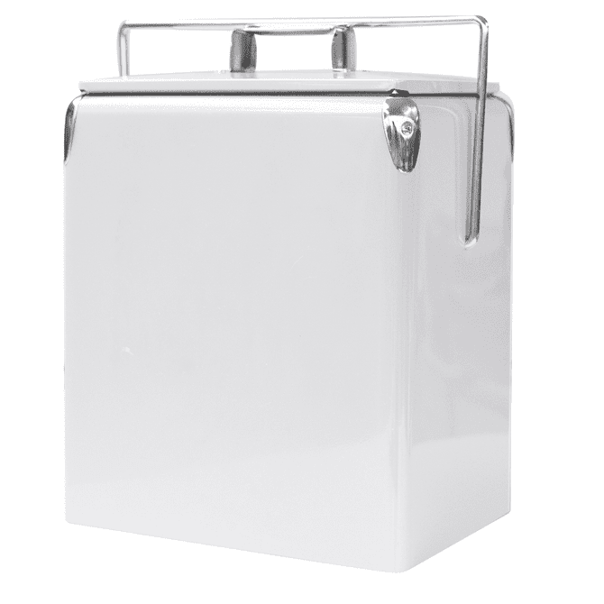 A drink bottle cooler in white with a metal handle and shiny chrome accents.