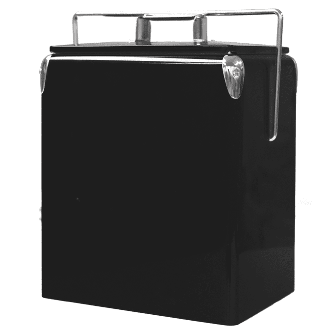 A drink bottle cooler in sleek black, featuring a metallic handle and a simple, modern design.