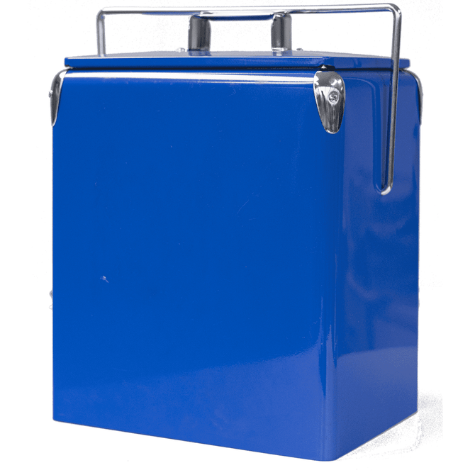 A blue metal cooler box featuring a sturdy handle and metallic accents, designed for storing drinks.