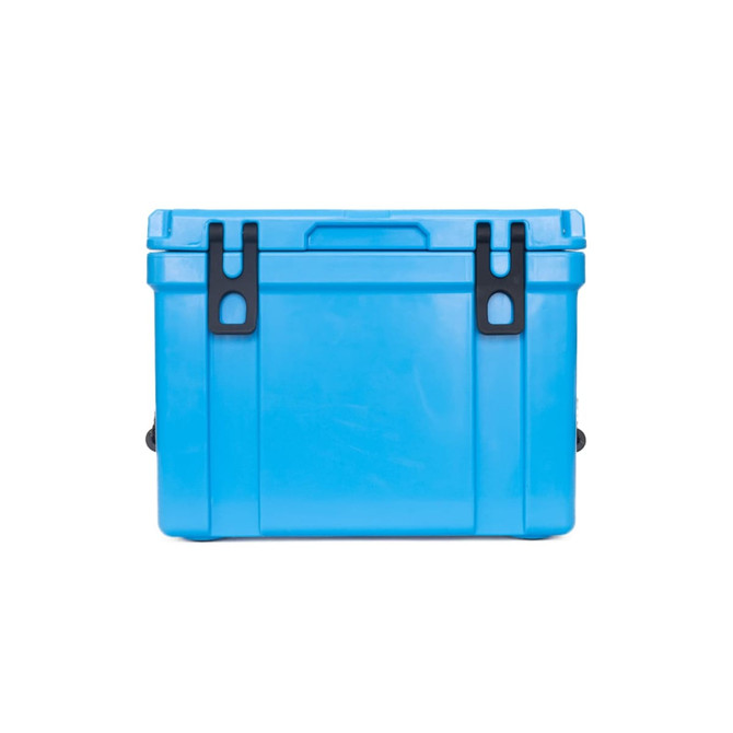 A blue cooler box with black clips and a sturdy handle, designed for keeping items cold.