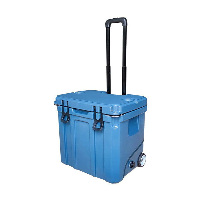 A blue cooler box with wheels and a retractable handle, designed for transporting drinks and food.