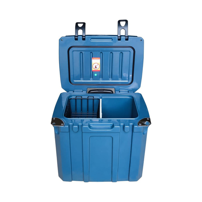 A blue cooler box with a hinged lid, featuring two compartments and an inner basket, includes a logo.
