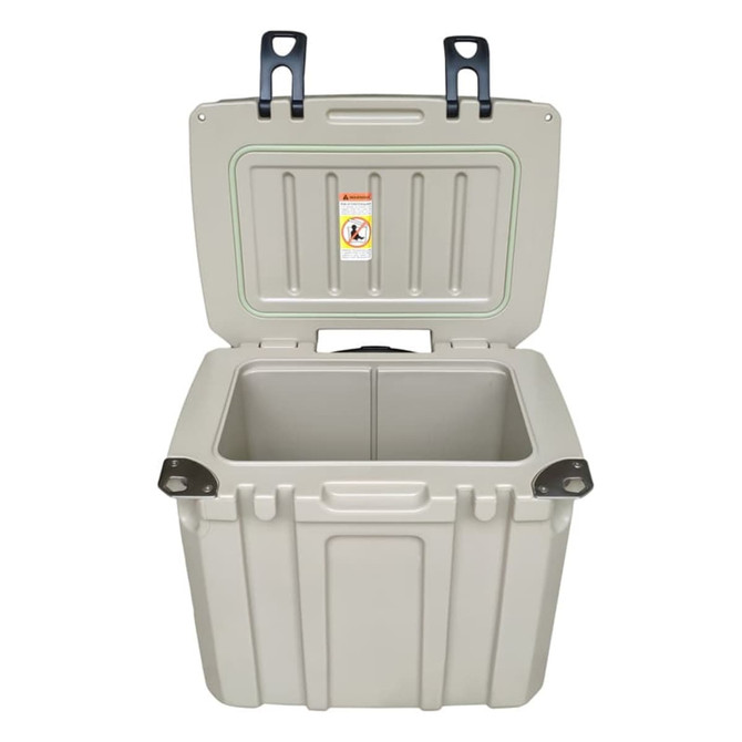 A 31L cooler box in grey with wheels and an open lid, featuring a sturdy design and a logo.