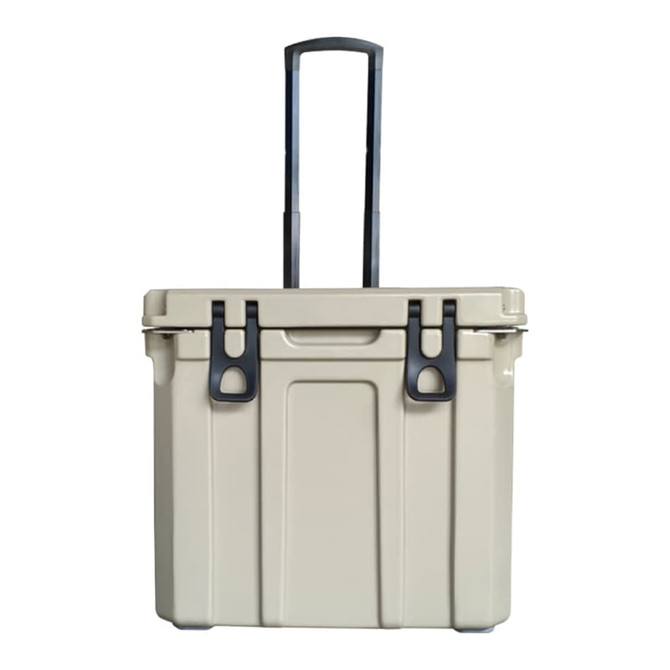 A 31L cooler box in a beige colour, featuring a retractable handle and wheels for easy transport.