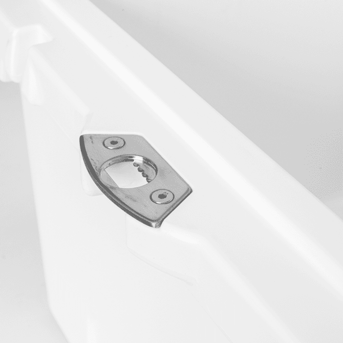 A white cooler box featuring a stainless steel bottle opener on the side, with a smooth, clean design.