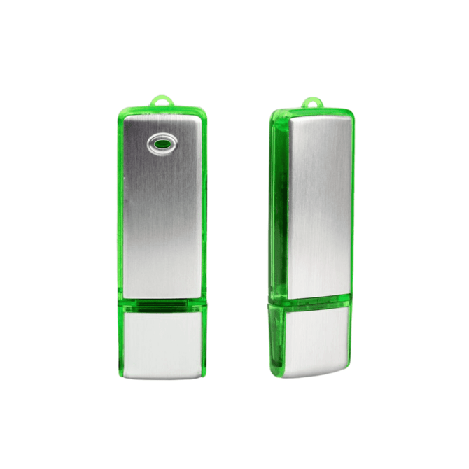 A green USB flash drive with a silver metallic section and a transparent casing, featuring a small logo.