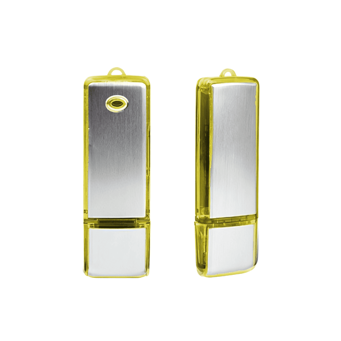 A yellow and silver USB flash drive featuring a sleek, metallic finish and a protective casing with a branding logo.
