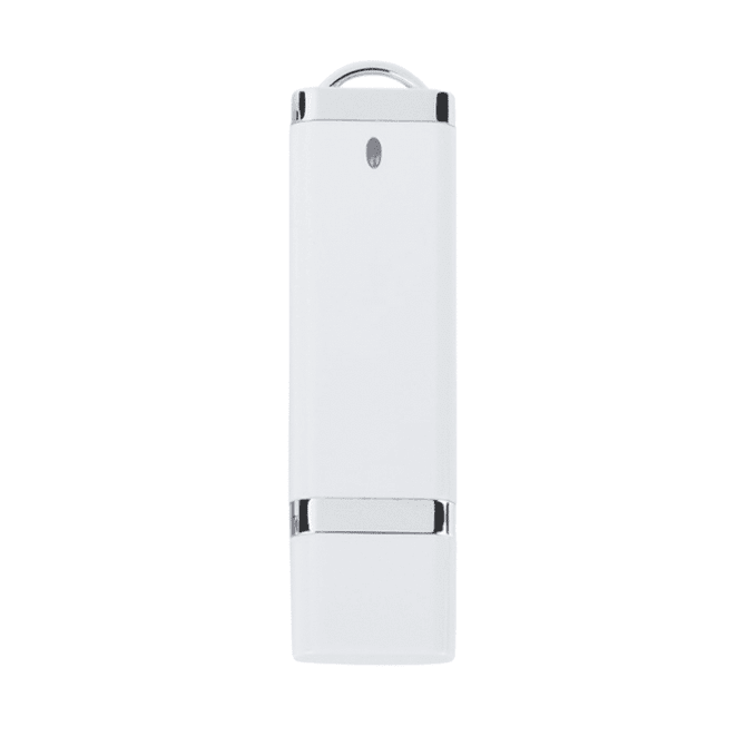 A white USB flash drive with a silver trim and a small indicator light. It features a branding logo.