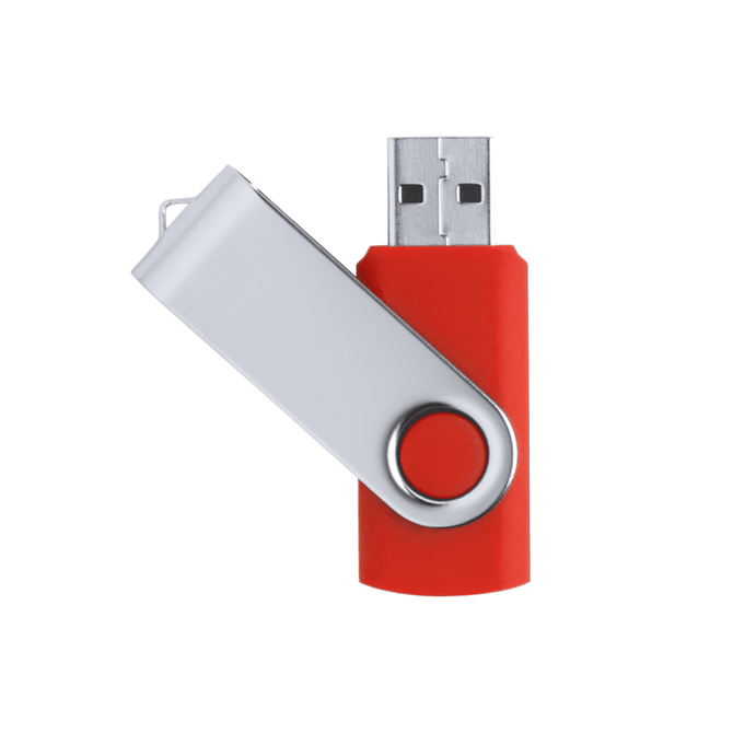 A red and silver Tiger USB flash drive with a swivel design and a circular button.