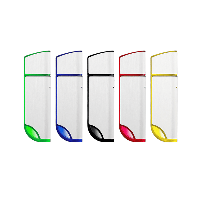 A set of five USB flash drives in green, blue, black, red, and yellow with a sleek metallic finish and logo branding.