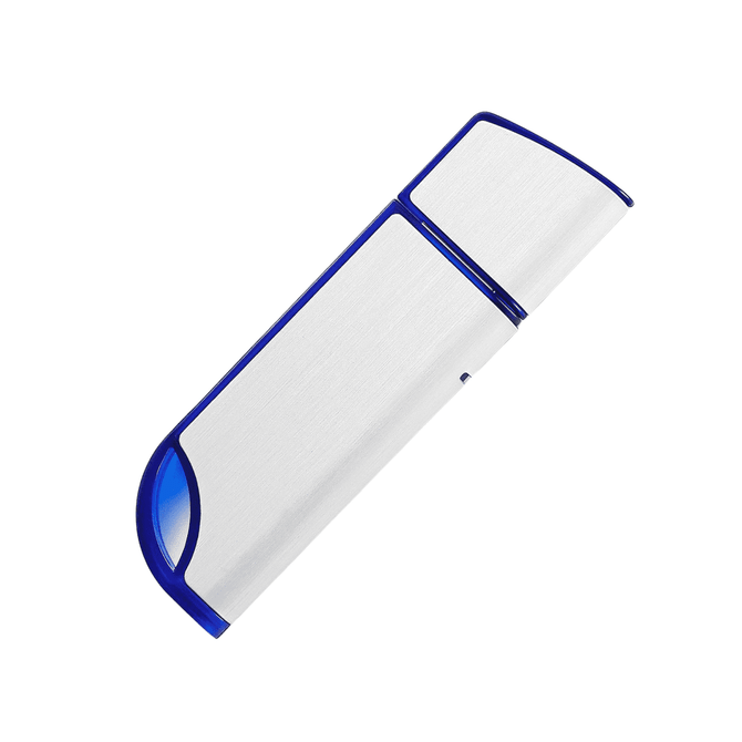 A silver and blue leopard-patterned USB flash drive featuring a sleek design and a logo.