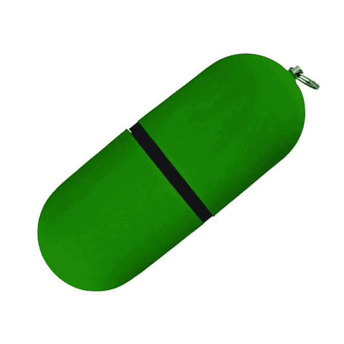 A green USB flash drive with a rounded design and a black band around its centre, featuring a silver attachment loop.