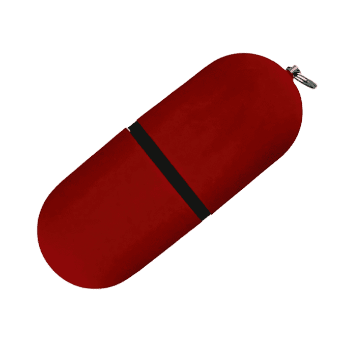 A red USB flash drive with a rounded design and a black band for easy attachment. It features a small loop for convenience.